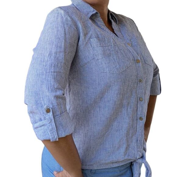 JM Collection Blue White Striped Textured Button Down Collared Shirt Top Size 8 - Picture 3 of 6